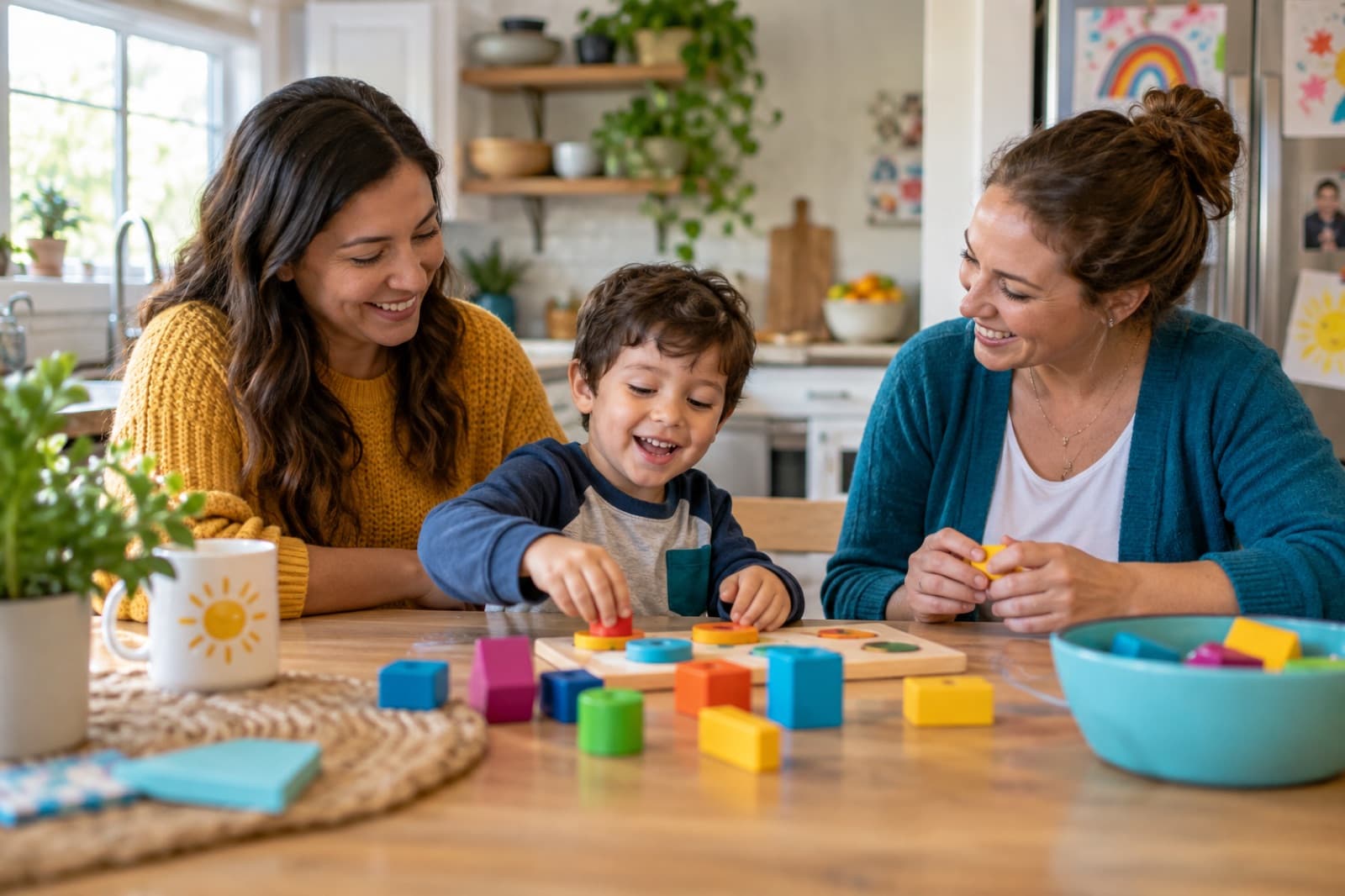 Two women and a young boy working on a colorful shape puzzle together at a sunny kitchen table