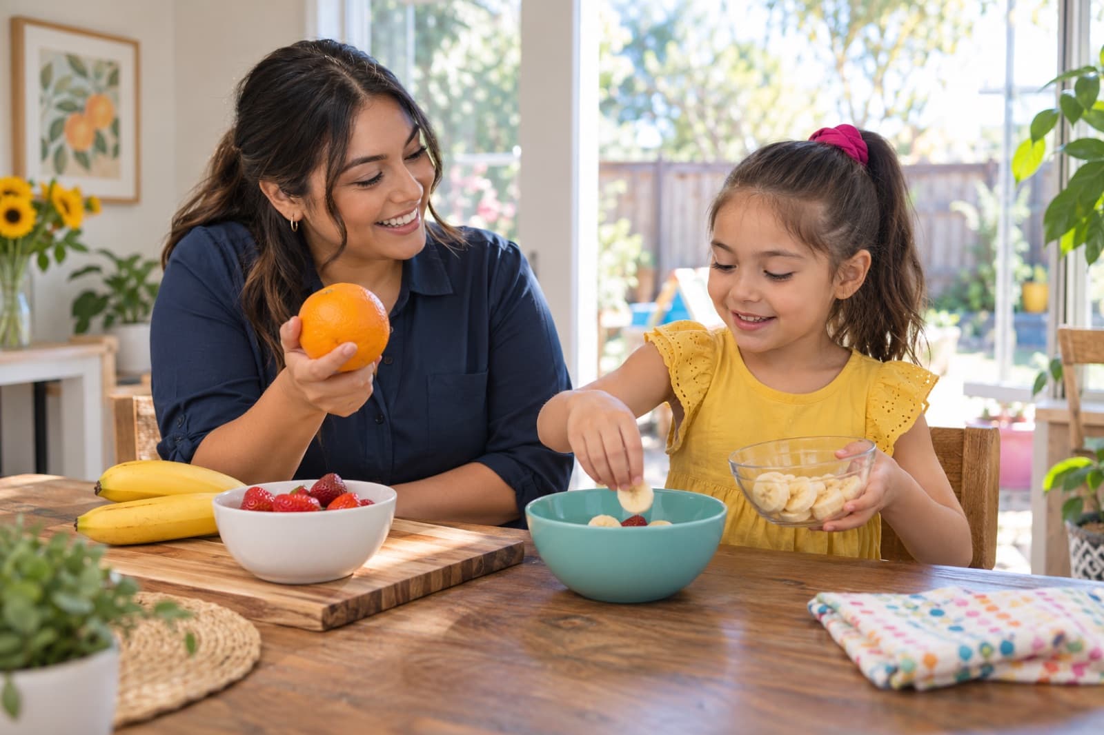 A woman and a young girl putting together a fruit snack at a bright kitchen table with a sunlit backyard behind them