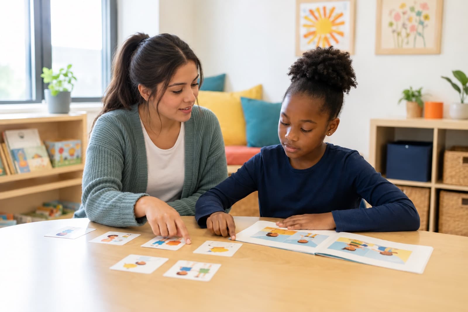 A woman and a school-age girl looking through picture cards together at a table in a bright, sunlit room