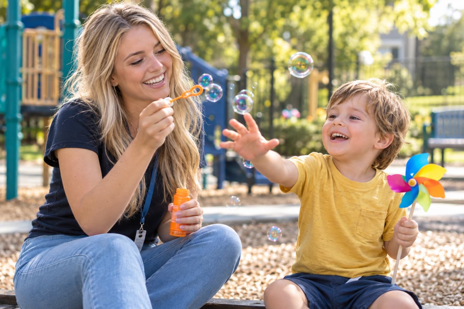 A woman blowing bubbles with a laughing young boy on a sunny playground while he reaches to pop one