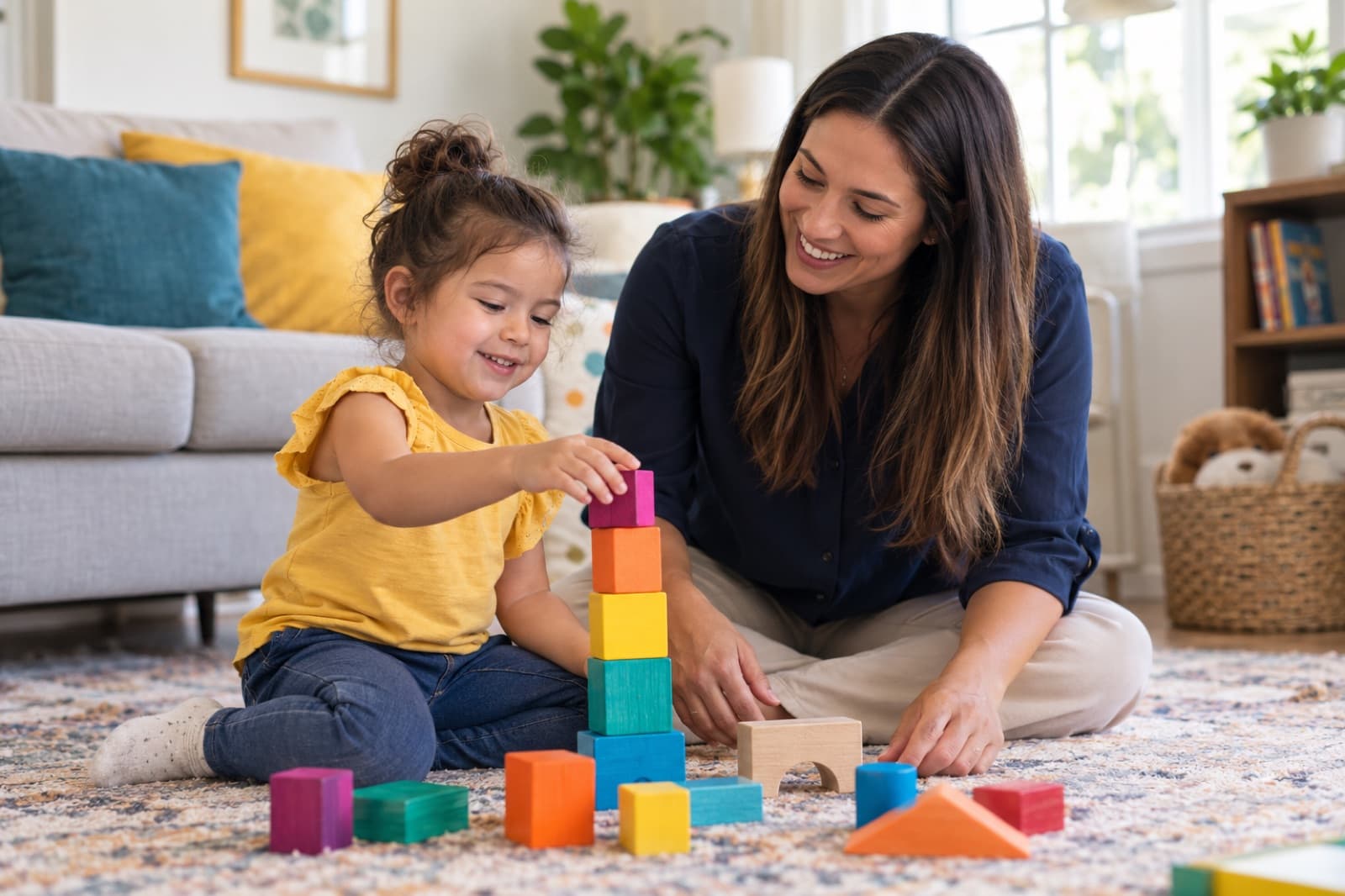 A woman kneeling on a living room floor helping a young girl stack colorful wooden blocks